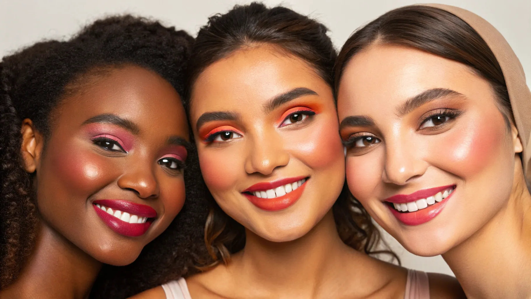 Three women with makeup smiling against a neutral background